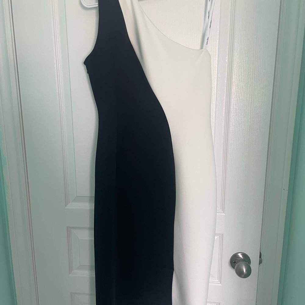 Calvin Klein One Shoulder Black and White Dress